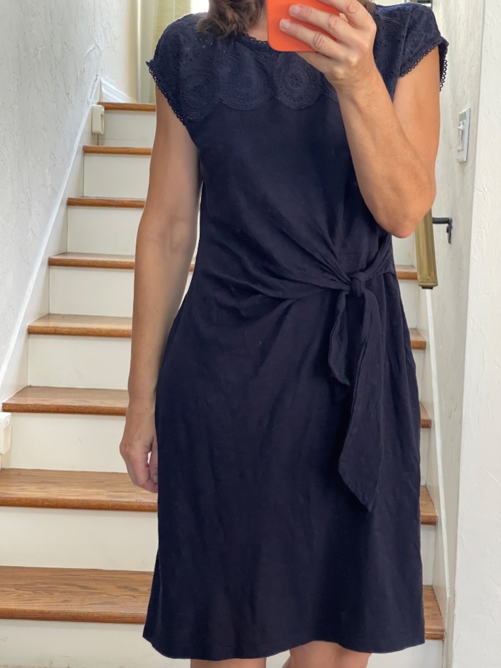 Talbots cotton eyelet/ embroidered navy blue T shirt mini dress women S